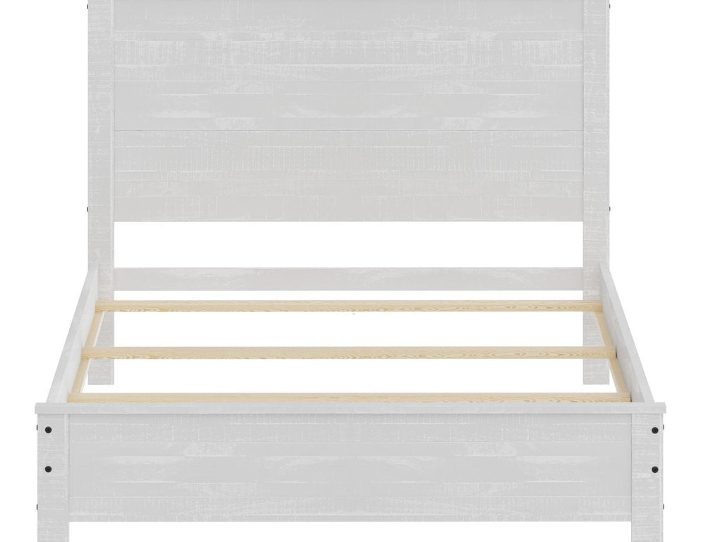 White distressed solid wood queen bed frame with shiplap texture headboard and footboard on a white background.