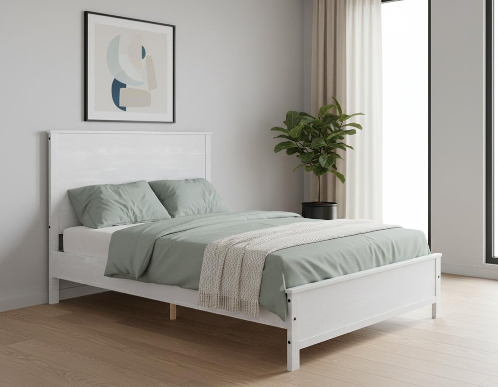 White Shiplap Texture Distressed Solid Wood Queen Bed Frame in a home interior