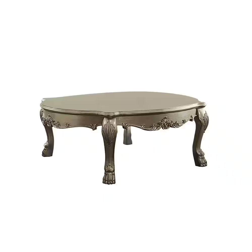 54" Gold and Bone Wood Coffee Table. Coffee table isolated on a plain white background, showing a gold wood surface.