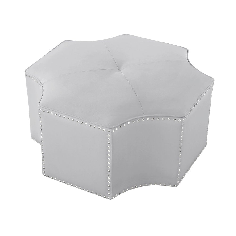 33" Silver Faux Leather Tufted Octagonal Cocktail Ottoman. Ottoman isolated on a plain white background, showing a silver faux leather surface.