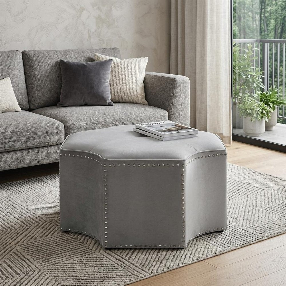 33" Silver Faux Leather Tufted Octagonal Cocktail Ottoman