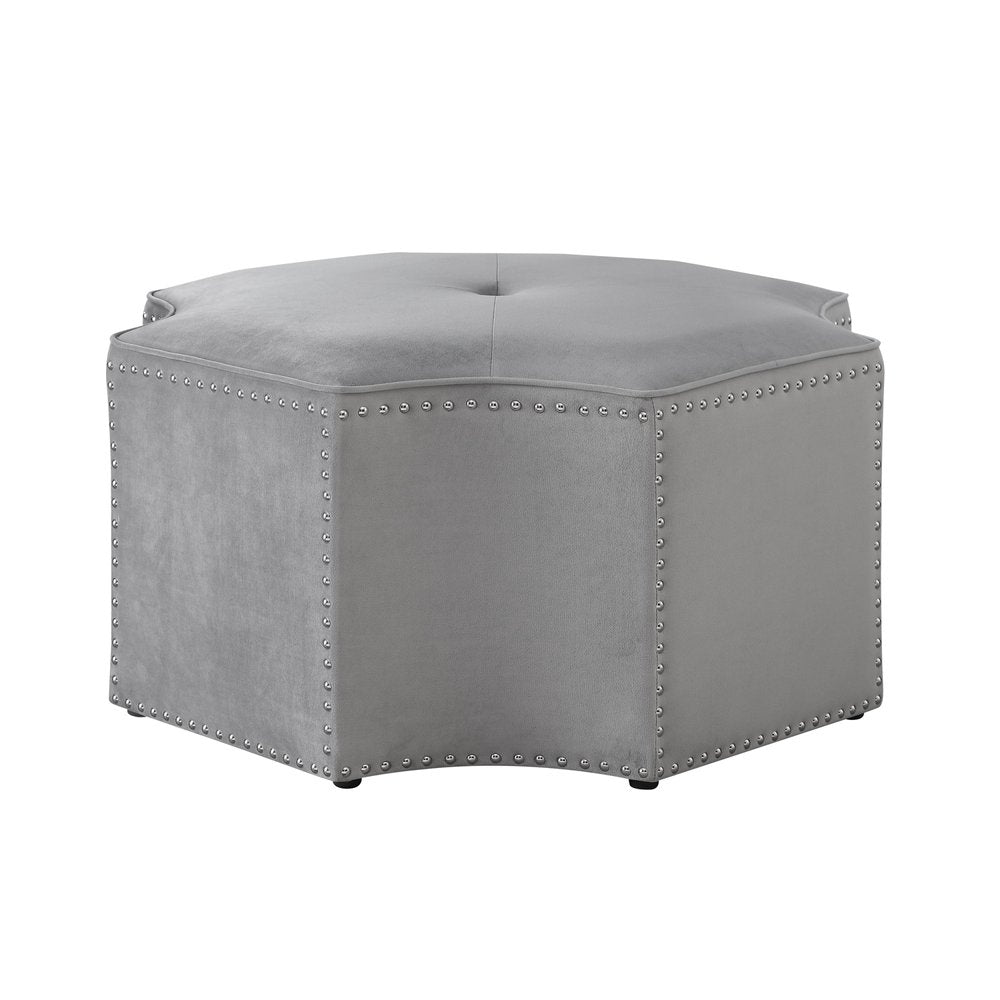 33" Silver Faux Leather Tufted Octagonal Cocktail Ottoman. Ottoman isolated on a plain white background, in a silver faux leather finish.