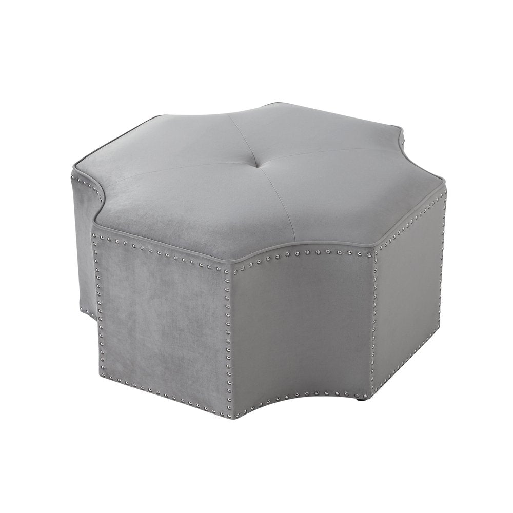 33" Silver Faux Leather Tufted Octagonal Cocktail Ottoman. Ottoman isolated on a plain white background, finished in silver faux leather.