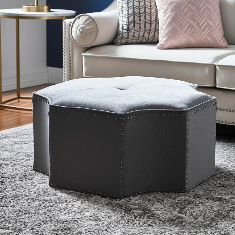 33" Silver Faux Leather Tufted Octagonal Cocktail Ottoman