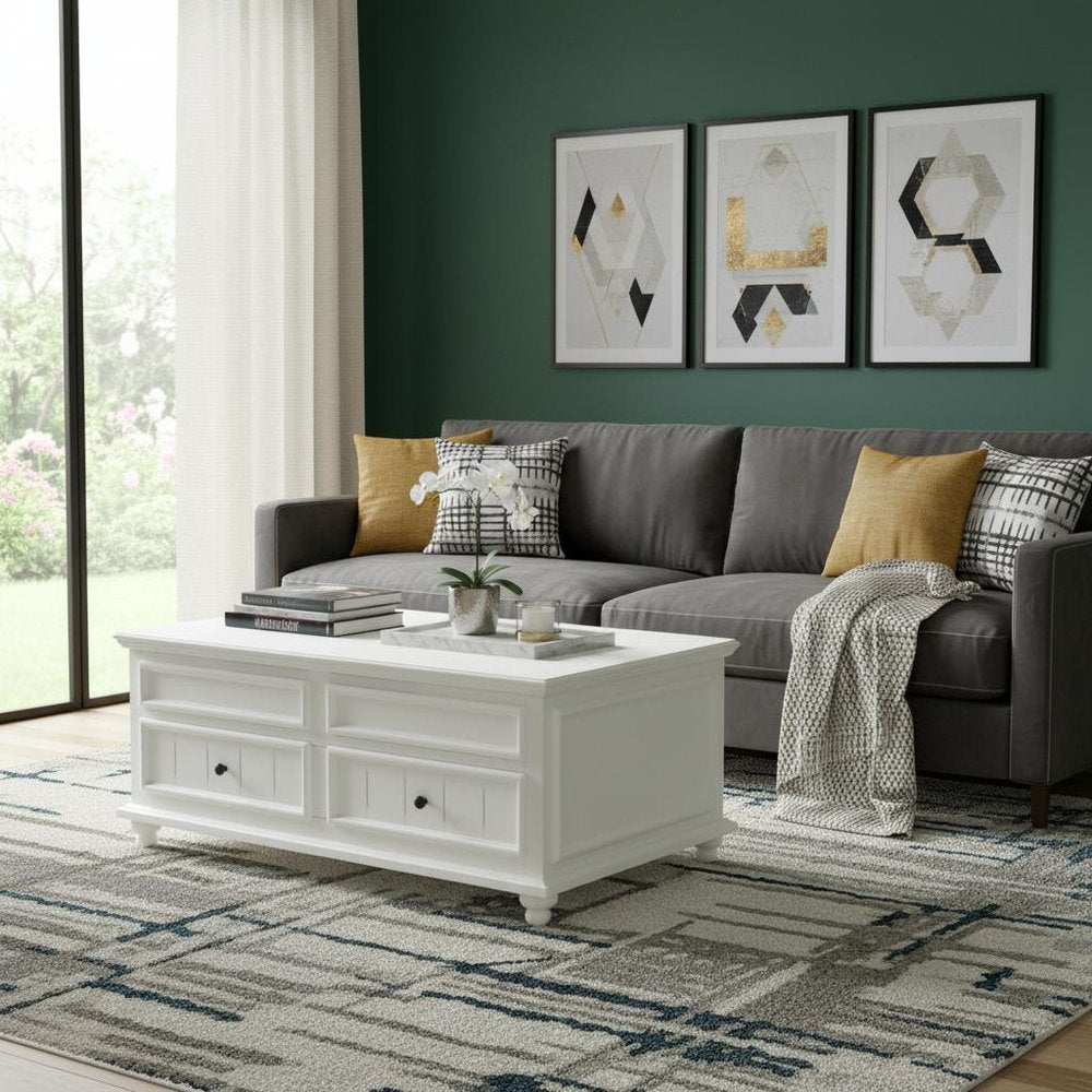 48" White Wood Lift Top Solid Coffee Table With Two Drawers shown outdoors on a tiled patio with greenery.