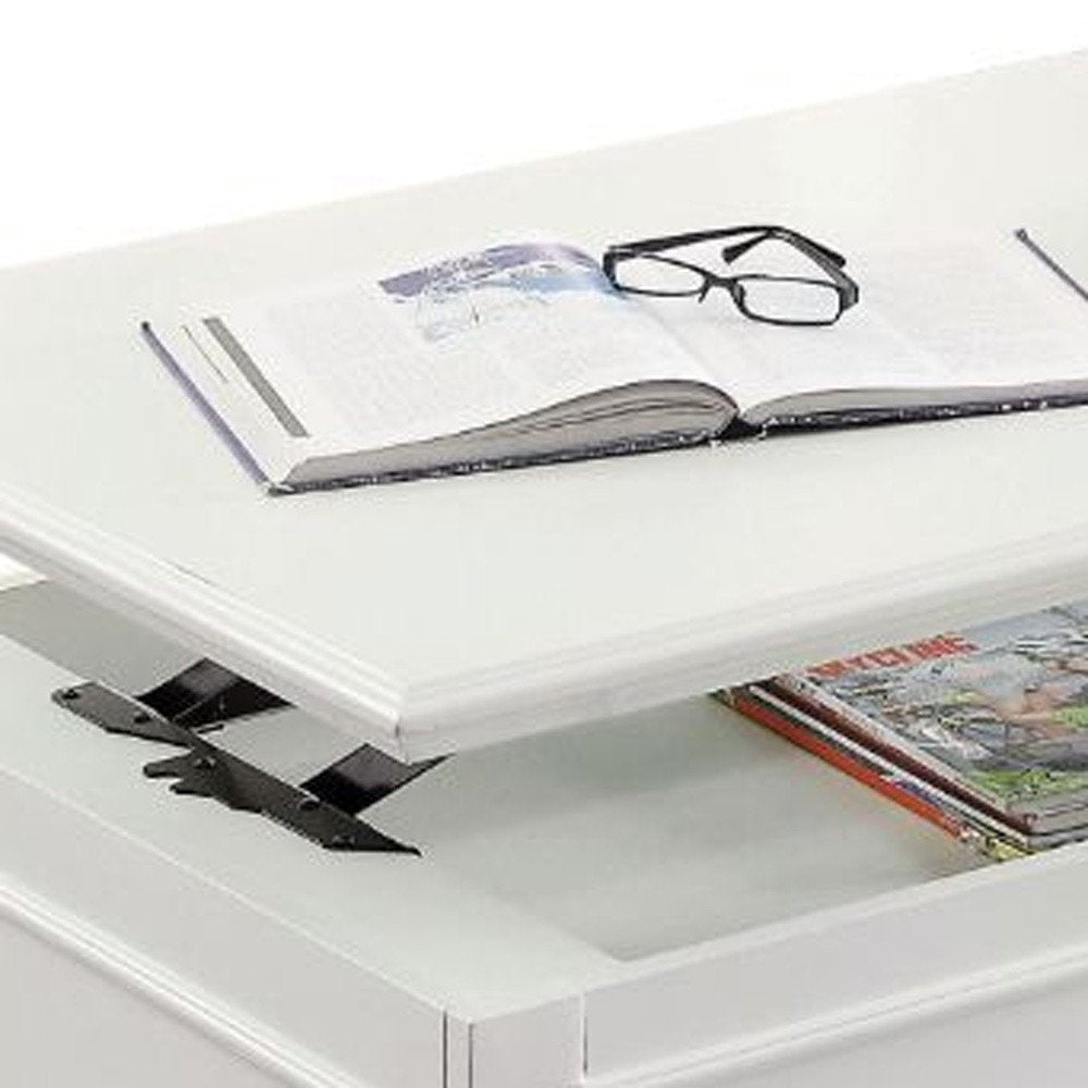 48" White Wood Lift Top Solid Coffee Table With Two Drawers. Coffee table isolated on a plain white background, showing a white wood surface.