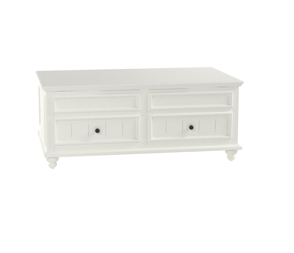 48" White Wood Lift Top Solid Coffee Table With Two Drawers. Coffee table isolated on a plain white background, in a white wood finish.