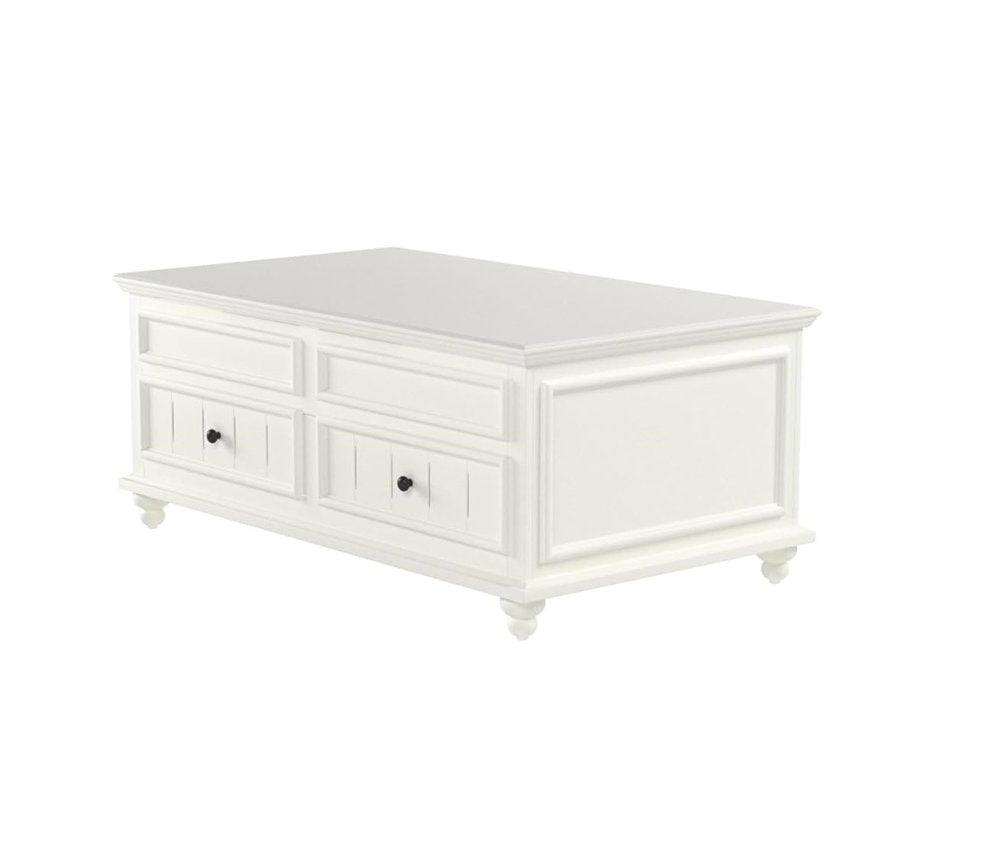 48" White Wood Lift Top Solid Coffee Table With Two Drawers. Coffee table isolated on a plain white background, showing a white wood surface.