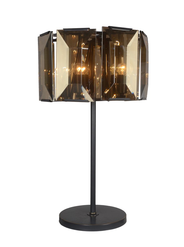 30" Bronze Metal Four Light Cylinder Bedside Table Lamp With Amber Round Shade. Table lamp isolated on a plain white background, showing a metal surface.