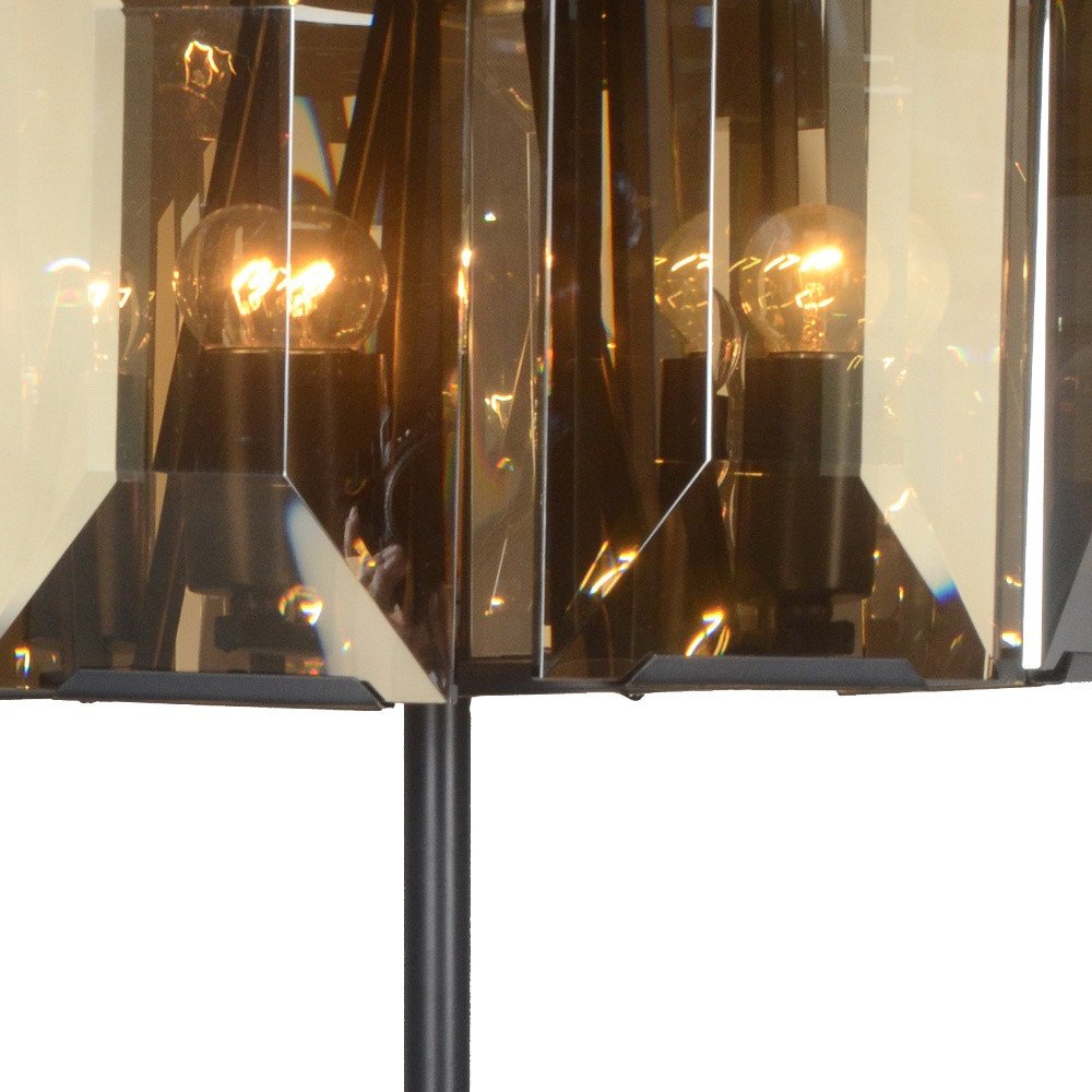 30" Bronze Metal Four Light Cylinder Bedside Table Lamp With Amber Round Shade.