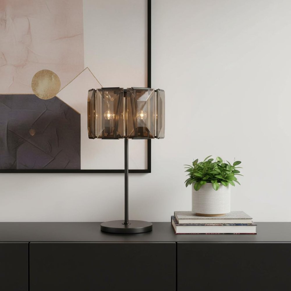 30" Bronze Metal Four Light Cylinder Bedside Table Lamp With Amber Round Shade photographed against a dark studio background.
