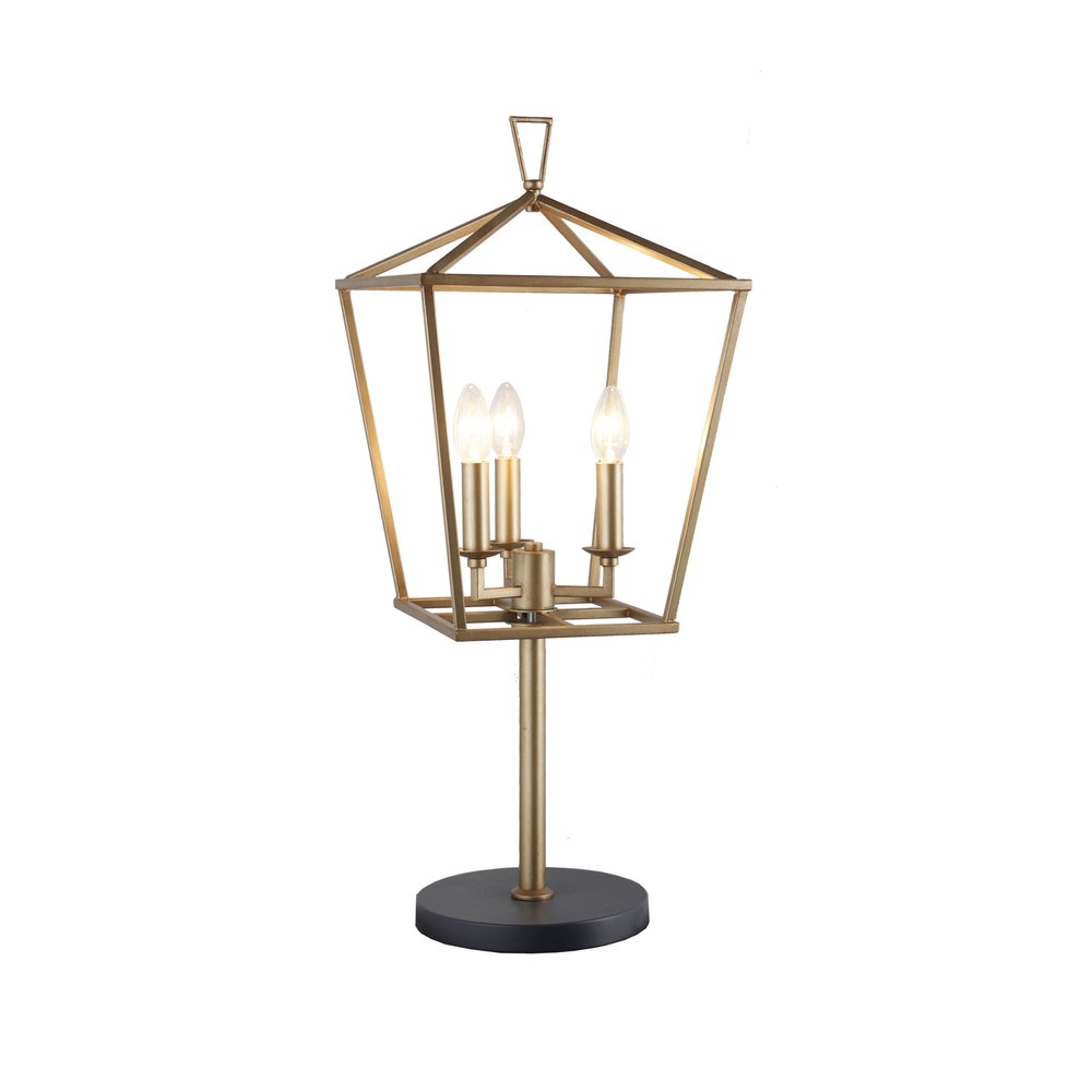 30" Black Iron Three Light Bedside Table Lamp. Table lamp isolated on a plain white background, showing a metal surface.