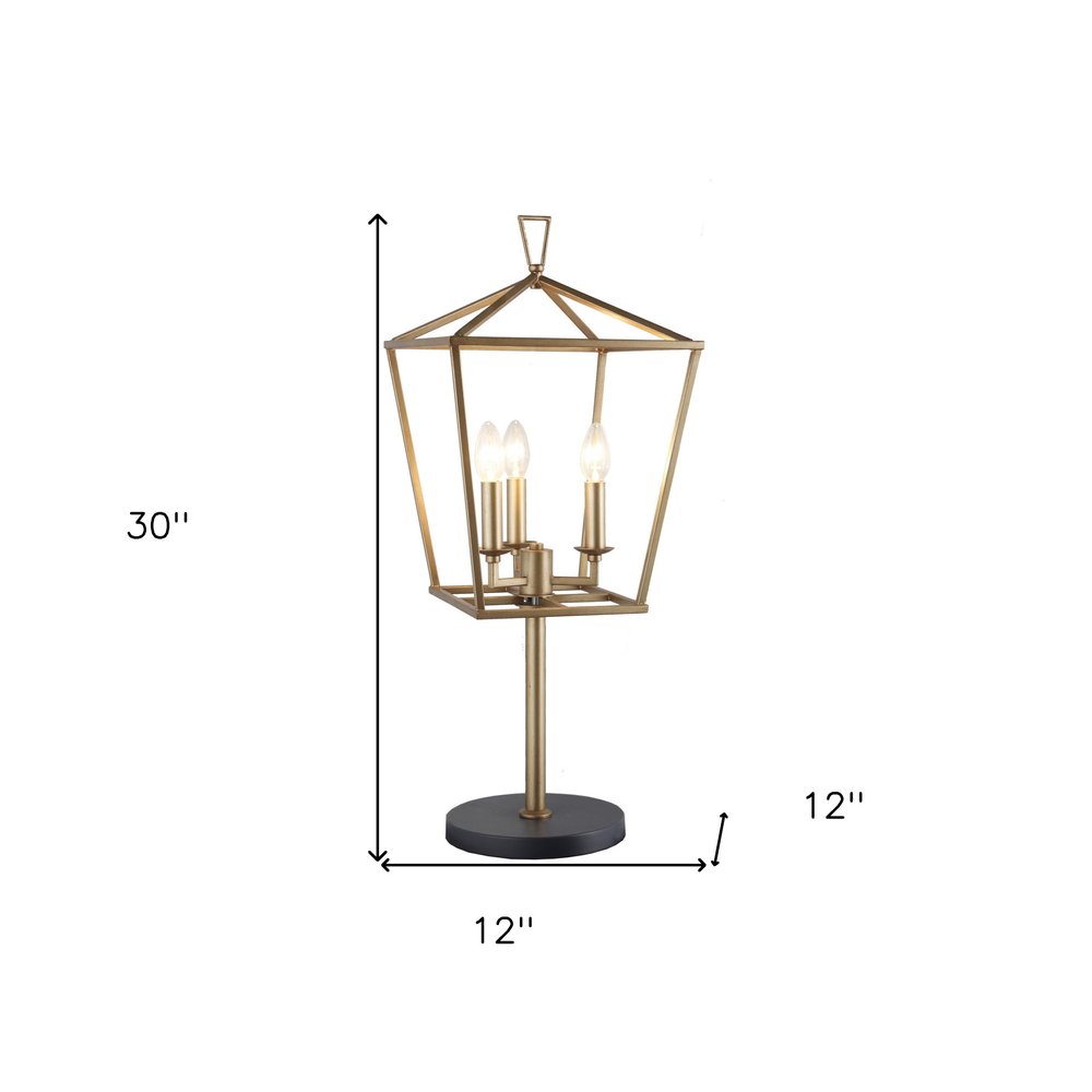 30" Black Iron Three Light Bedside Table Lamp. Table lamp isolated on a plain white background, showing a metal surface.