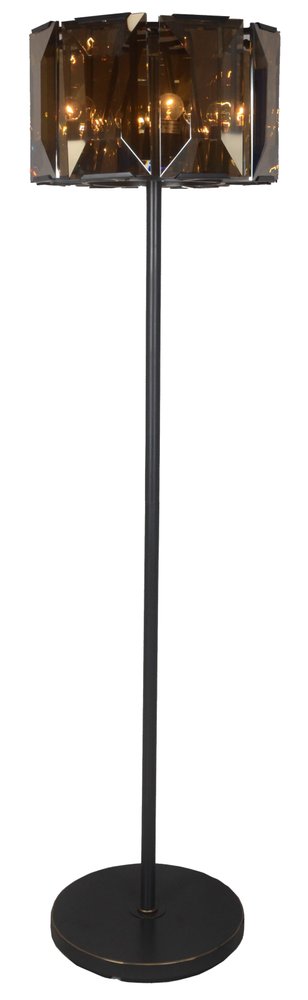 68" Dark Bronze Floor Lamp With Amber Solid Color Beveled Glass Drum Shade. Floor lamp isolated on a plain white background, showing a glass surface.
