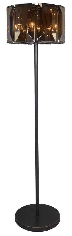 68" Dark Bronze Floor Lamp With Amber Solid Color Beveled Glass Drum Shade. Floor lamp isolated on a plain white background, showing a glass surface.