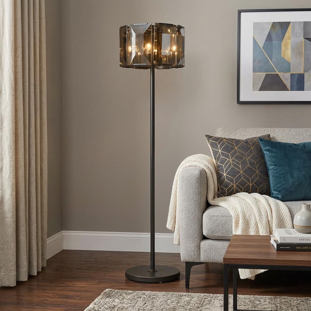 68" Dark Bronze Floor Lamp With Amber Solid Color Beveled Glass Drum Shade