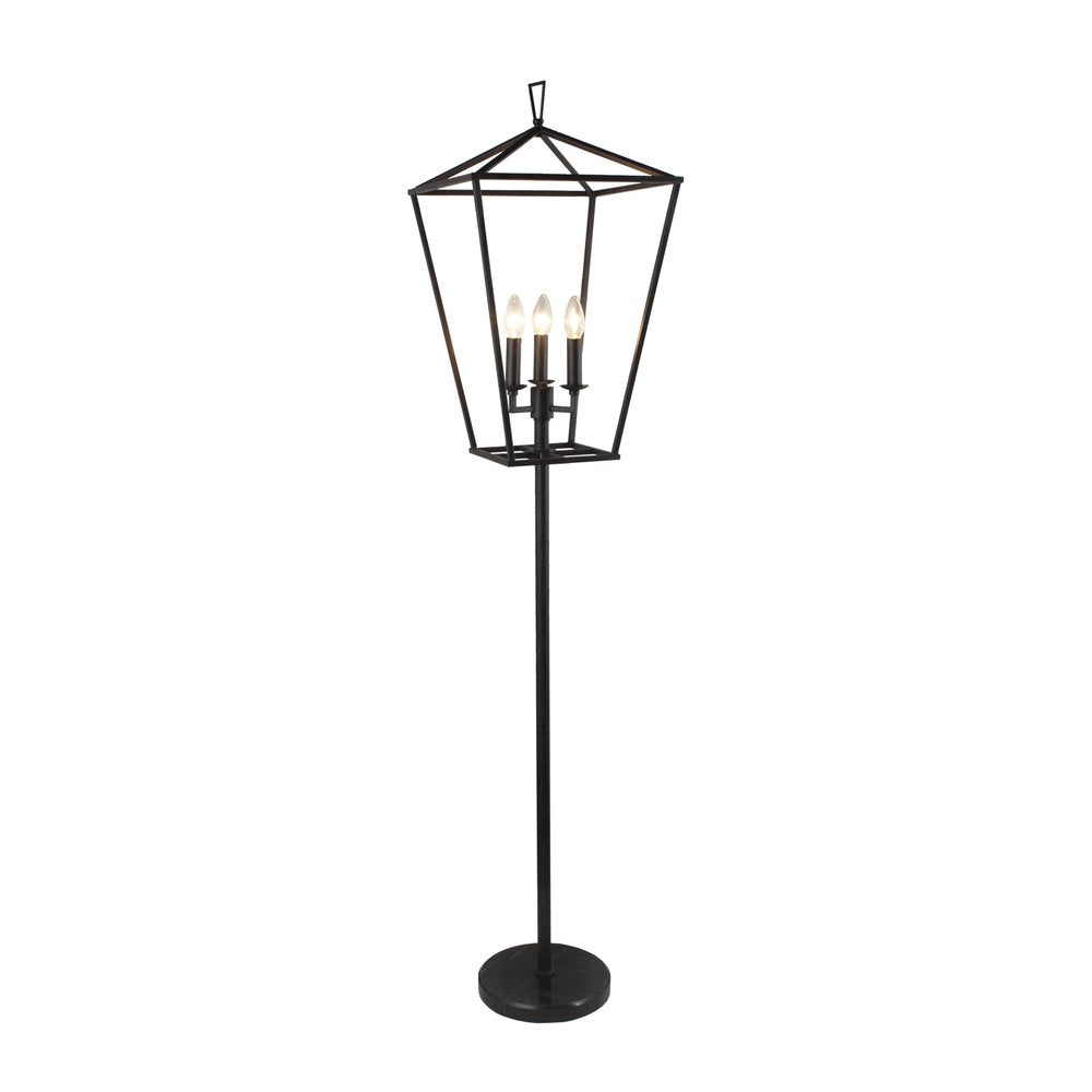 64" Black Three Light Floor Lamp With Black Geometric Shade. Floor lamp isolated on a plain white background, finished in black metal.