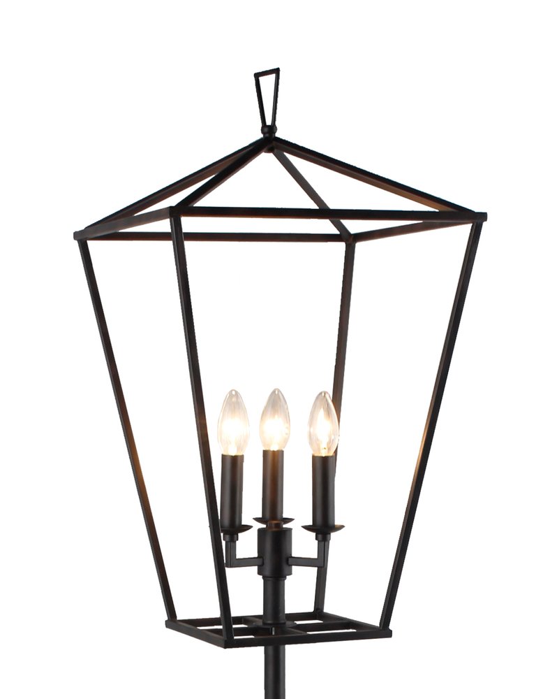 64" Black Three Light Floor Lamp With Black Geometric Shade. Floor lamp isolated on a plain white background, showing a black metal surface.