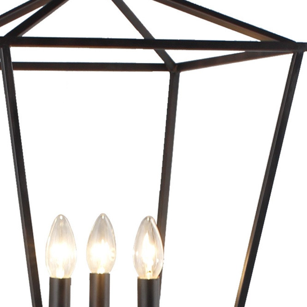 64" Black Three Light Floor Lamp With Black Geometric Shade. Floor lamp isolated on a plain white background, finished in black metal.