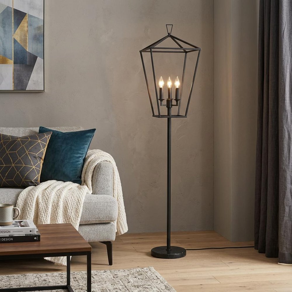 64" Black Three Light Floor Lamp With Black Geometric Shade
