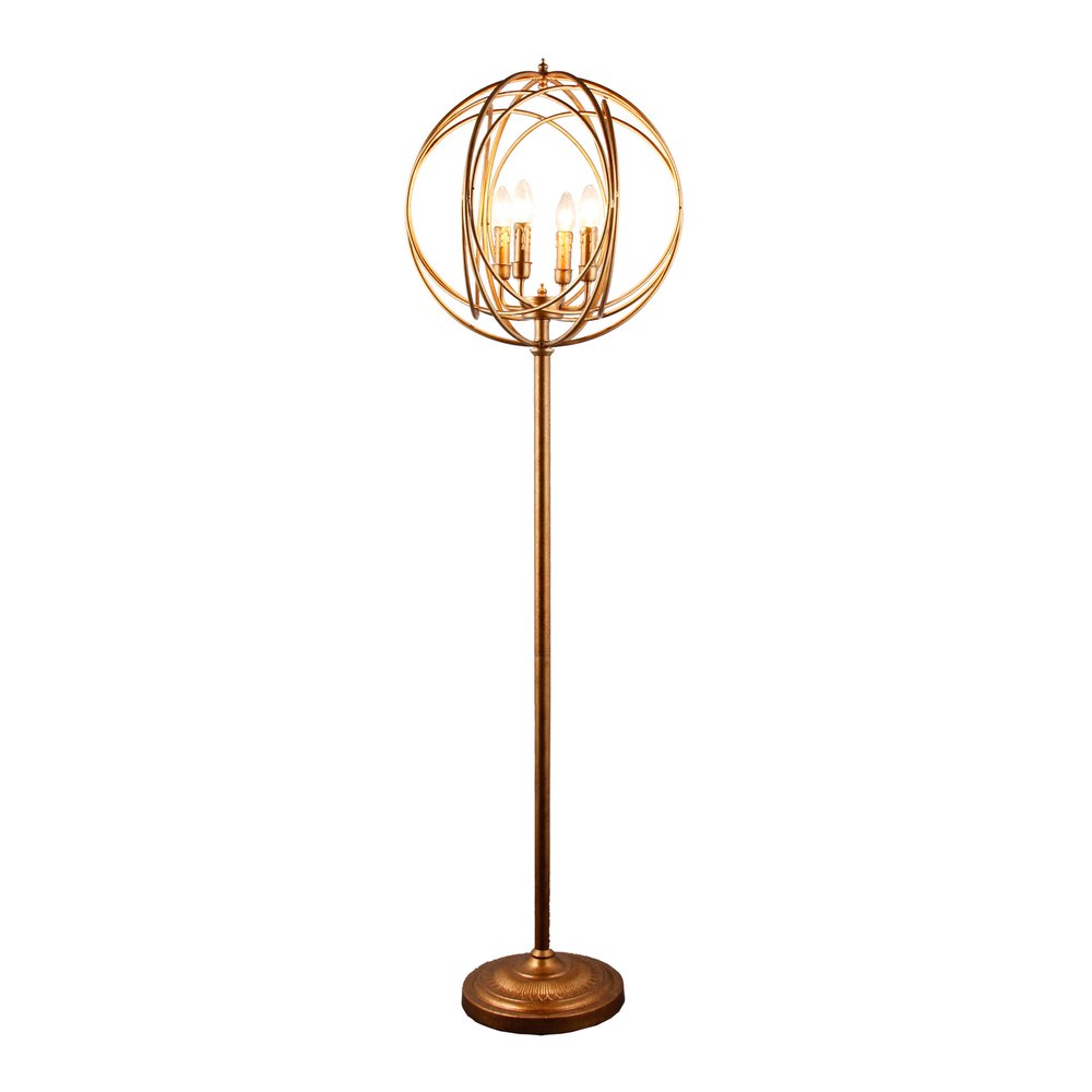 64" Gold Four Light Floor Lamp With Modern Gold Geometric Globe Shade. Floor lamp isolated on a plain white background, in a gold metal finish.