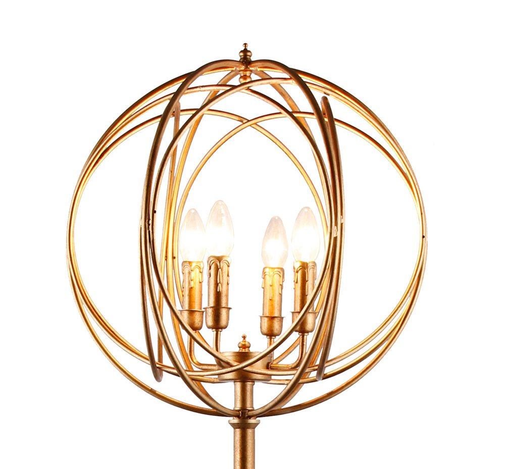64" Gold Four Light Floor Lamp With Modern Gold Geometric Globe Shade. Floor lamp isolated on a plain white background, showing a gold metal surface.