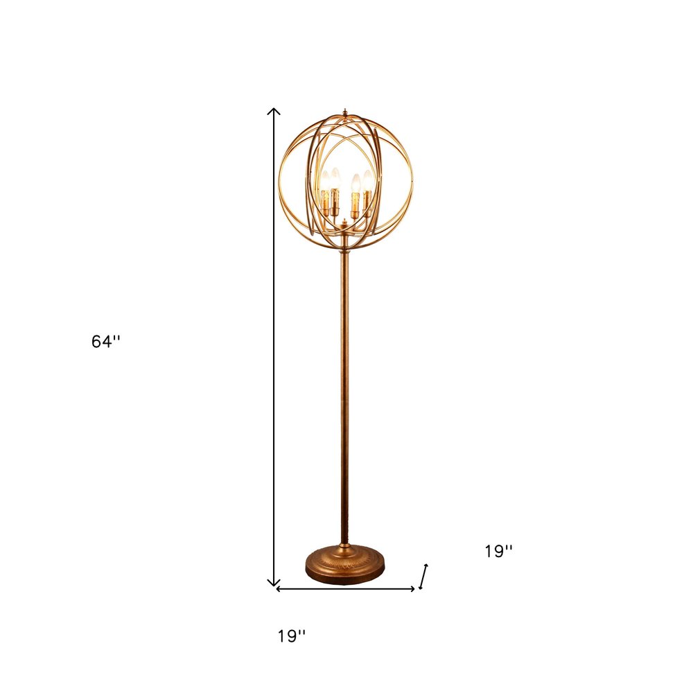 64" Gold Four Light Floor Lamp With Modern Gold Geometric Globe Shade. Floor lamp isolated on a plain white background, in a gold metal finish.