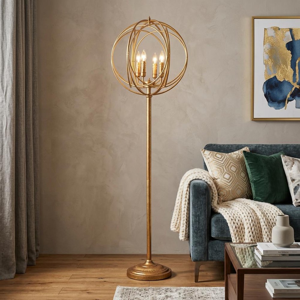 64" Gold Four Light  Floor Lamp With Modern Gold Geometric Globe Shade