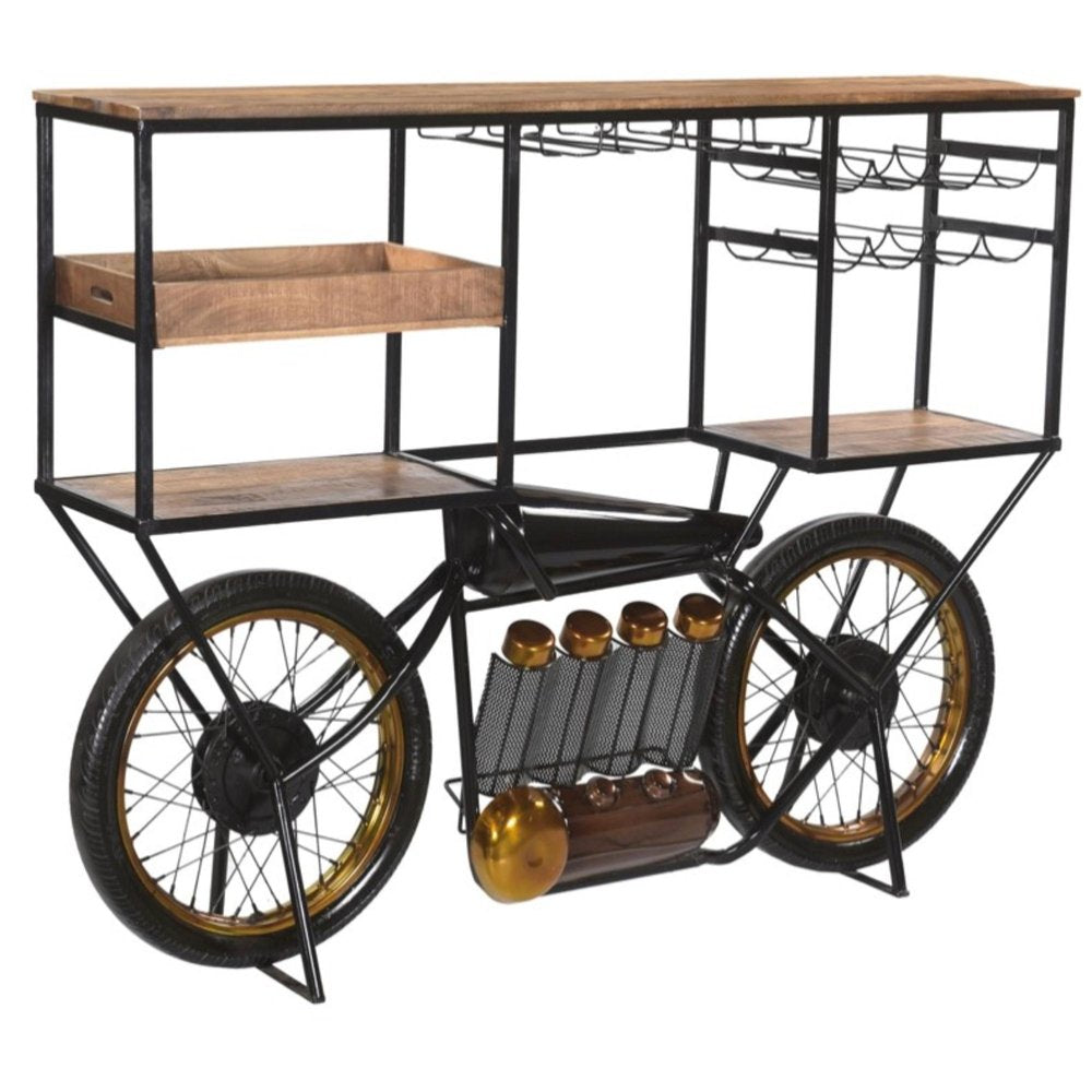 Brown and Black Metal And Solid Wood Bar Cart With Wine Storage on a white background