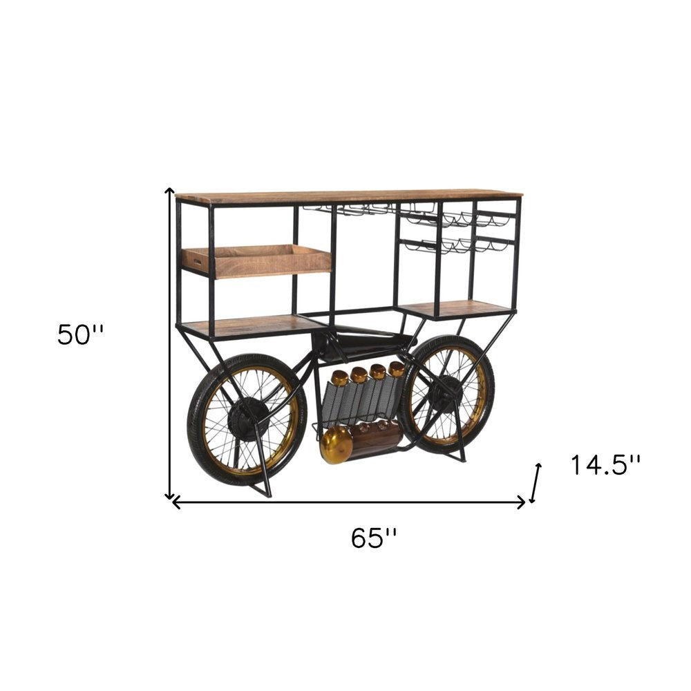 Brown and Black Metal And Solid Wood Bar Cart With Wine Storage on a white background