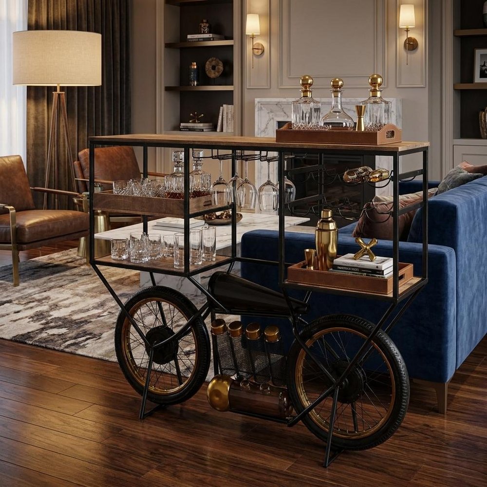 Brown and Black Metal And Solid Wood Bar Cart With Wine Storage