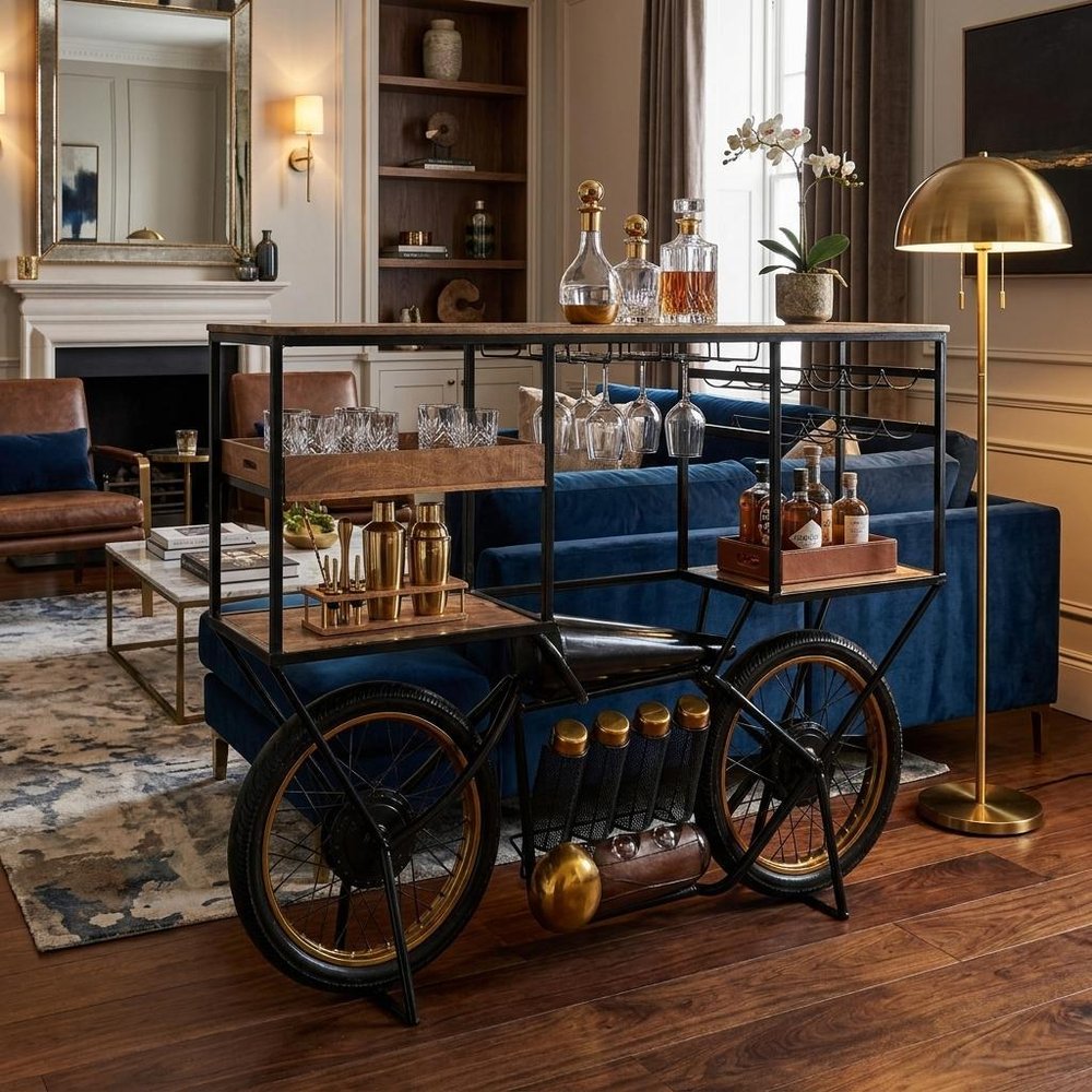 Brown and Black Metal And Solid Wood Bar Cart With Wine Storage in a home interior
