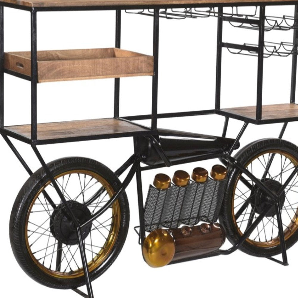 Brown and Black Metal And Solid Wood Bar Cart With Wine Storage on a white background