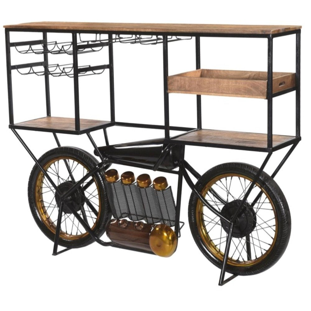 Brown and Black Metal And Solid Wood Bar Cart With Wine Storage on a white background