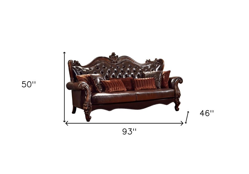 93" Brown Faux Leather Sofa And Toss Pillows With Burgundy Legs on a white background