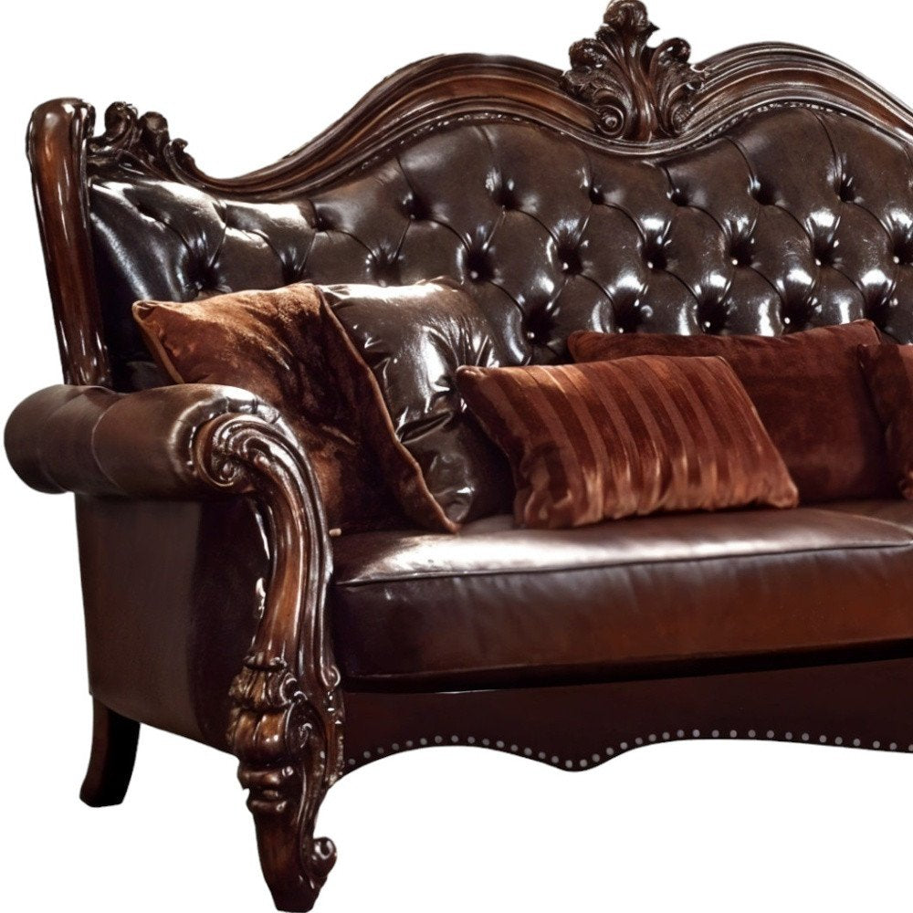 93" Brown Faux Leather Sofa And Toss Pillows With Burgundy Legs on a white background