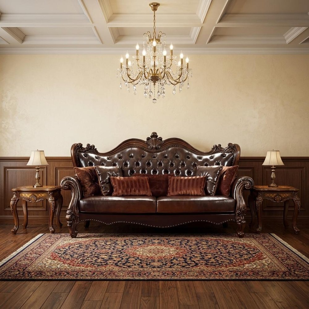 93" Brown Faux Leather Sofa And Toss Pillows With Burgundy Legs in a home interior