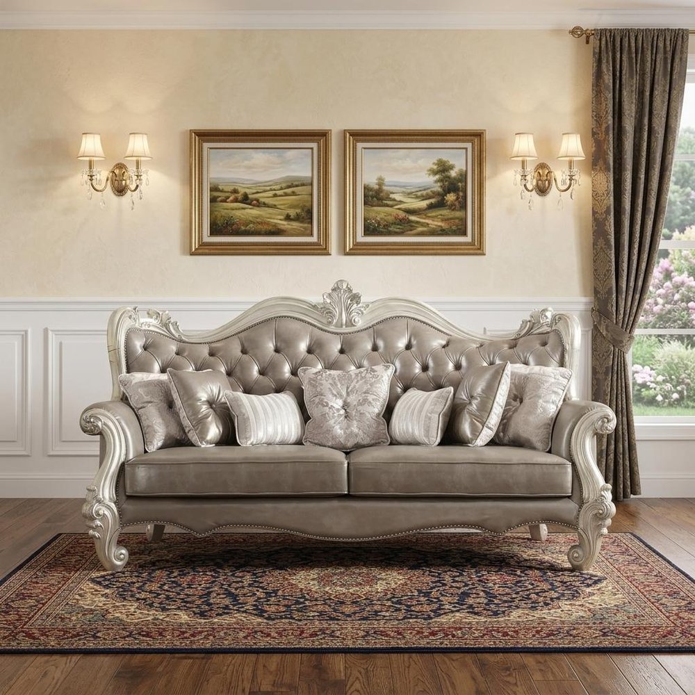 90" Gray Faux Leather Curved Sofa And Toss Pillows With Bone Legs in a home interior