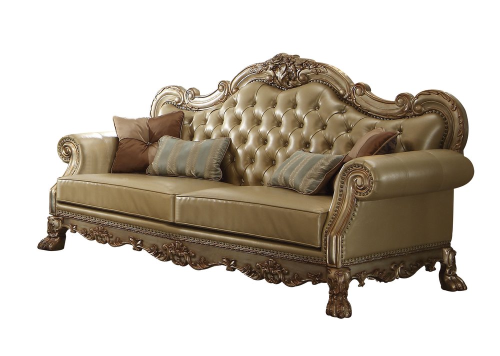 85" Bone Faux Leather Wood Sofa With Toss Pillows on a white background