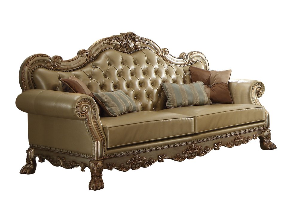 85" Bone Faux Leather Wood Sofa With Toss Pillows on a white background