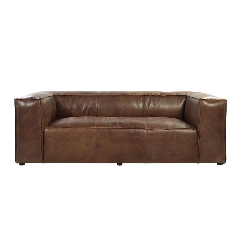 Brown top grain leather sofa with black legs, shown against a white background.