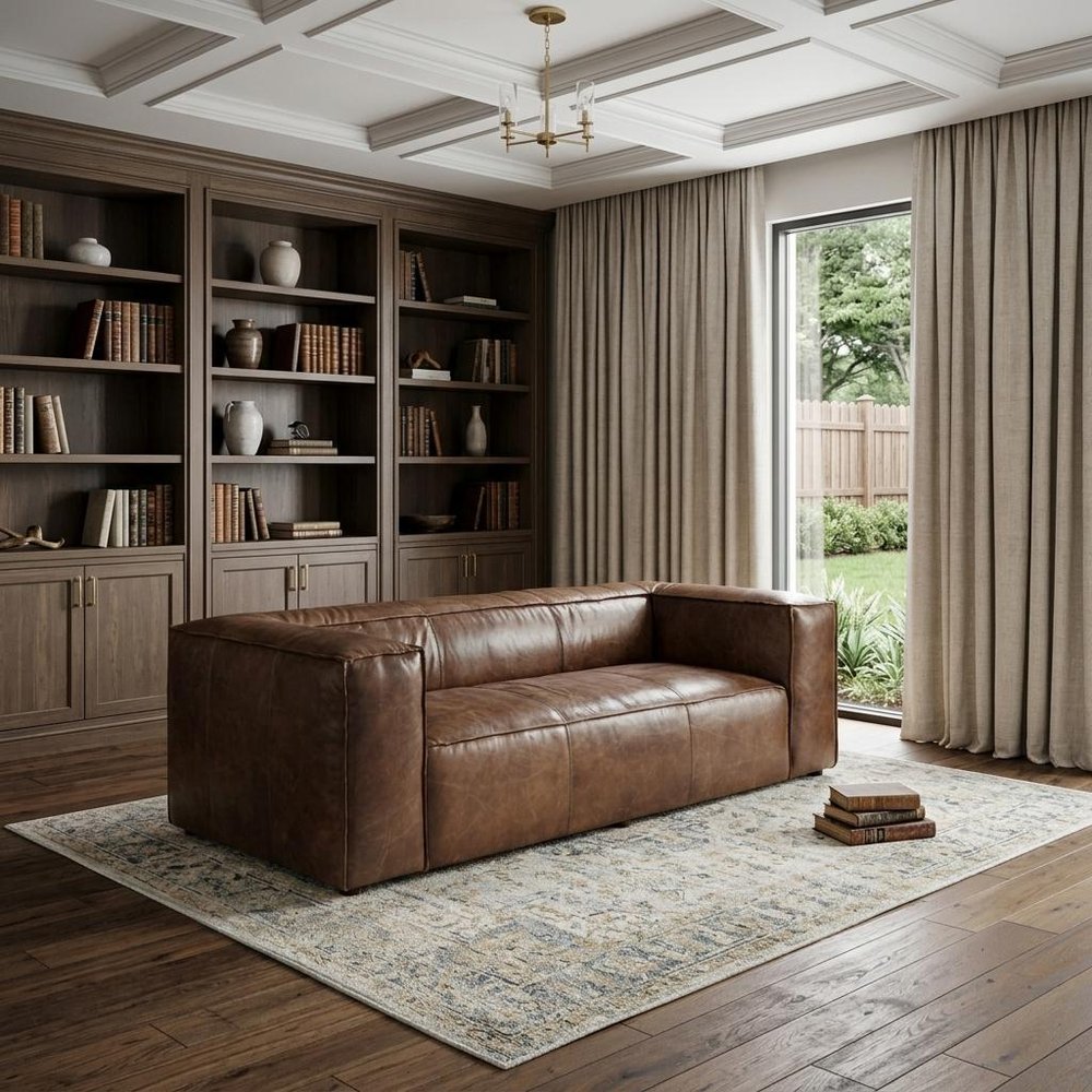 98" Brown Top Grain Leather Sofa With Black Legs in a home interior