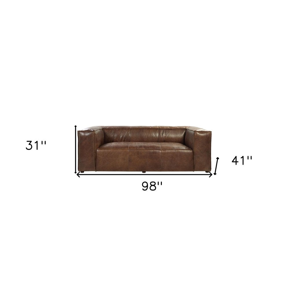 98" Brown Top Grain Leather Sofa With Black Legs on a white background