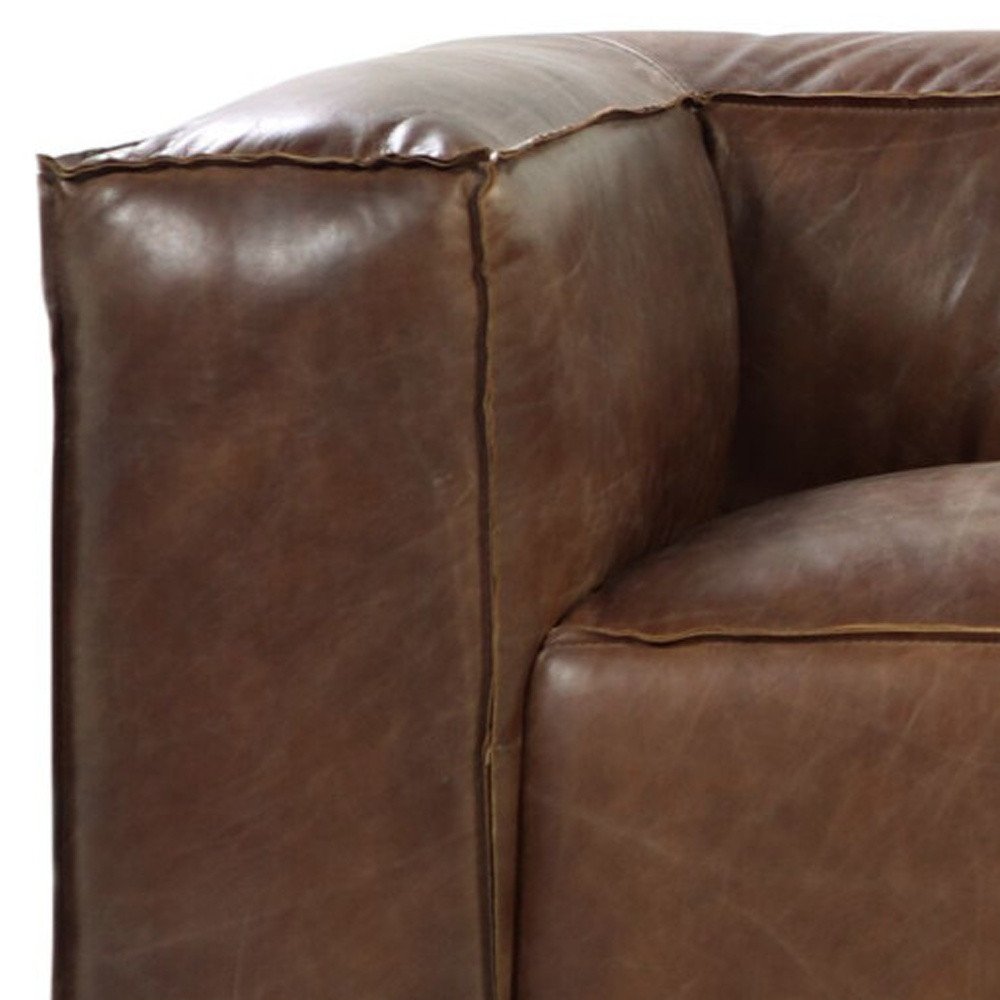 98" Brown Top Grain Leather Sofa With Black Legs close-up detail
