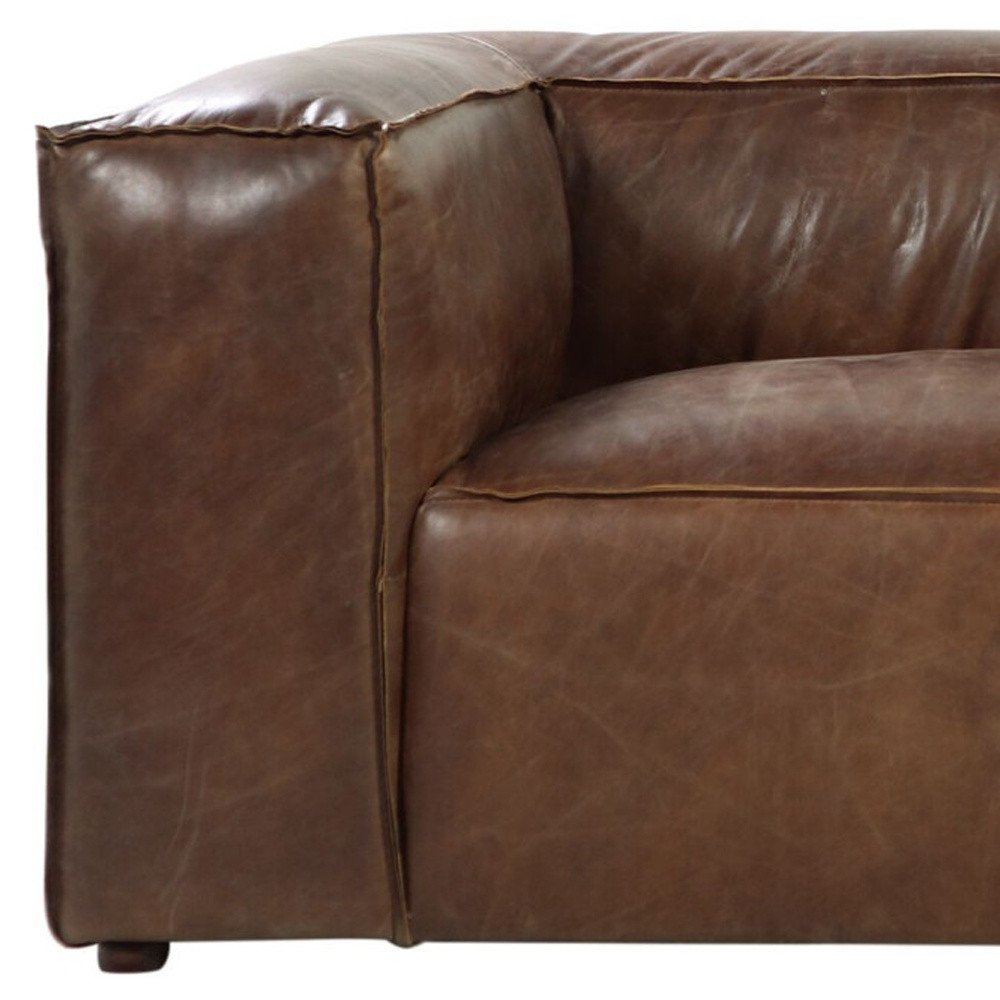 98" Brown Top Grain Leather Sofa With Black Legs close-up detail