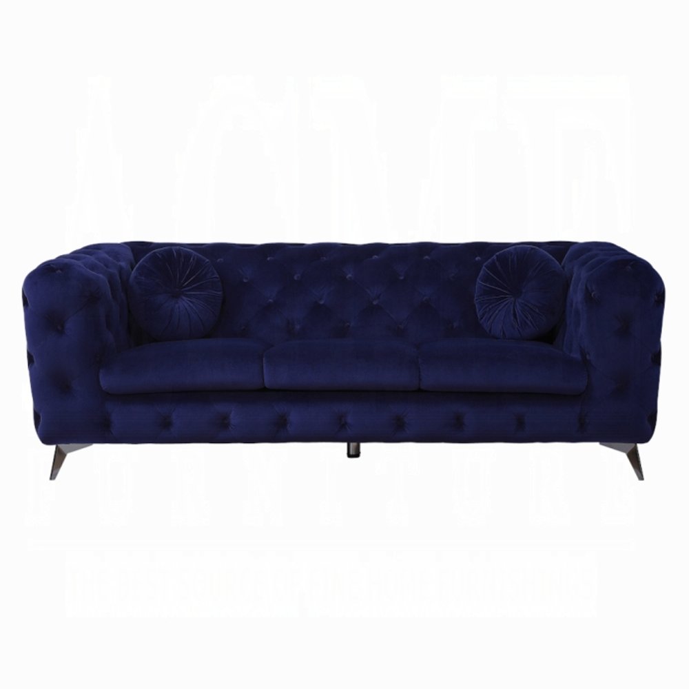 90" Blue Velvet Chesterfield Sofa With Silver Legs on a white background