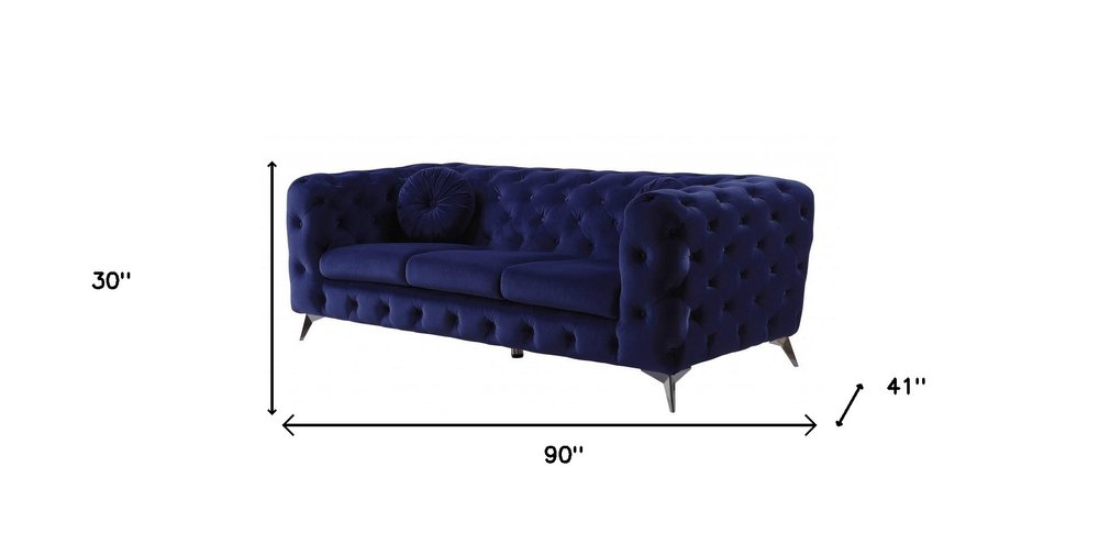 90" Blue Velvet Chesterfield Sofa With Silver Legs on a white background