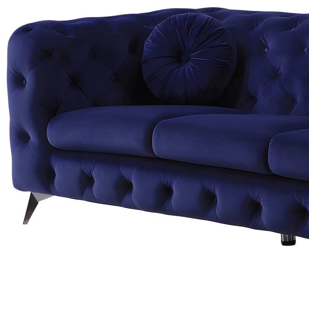 90" Blue Velvet Chesterfield Sofa With Silver Legs on a white background