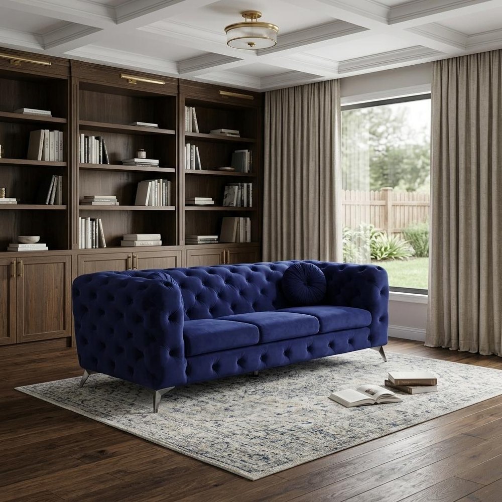 90" Blue Velvet Chesterfield Sofa With Silver Legs in a home interior