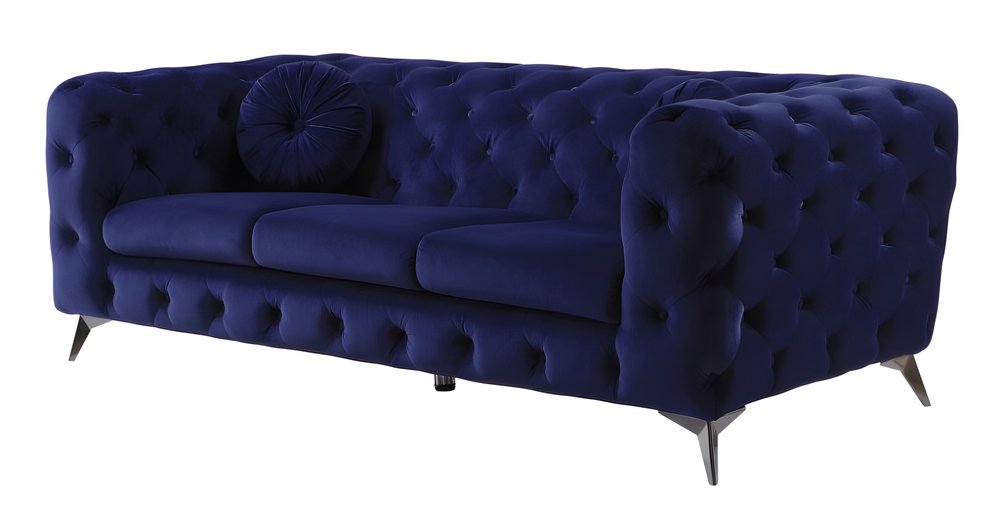 90" Blue Velvet Chesterfield Sofa With Silver Legs on a white background